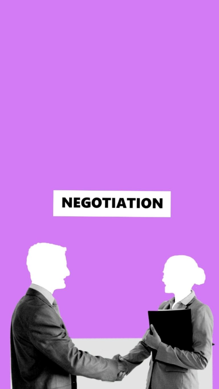 Business professionals shaking hands during negotiation on a bold purple background.